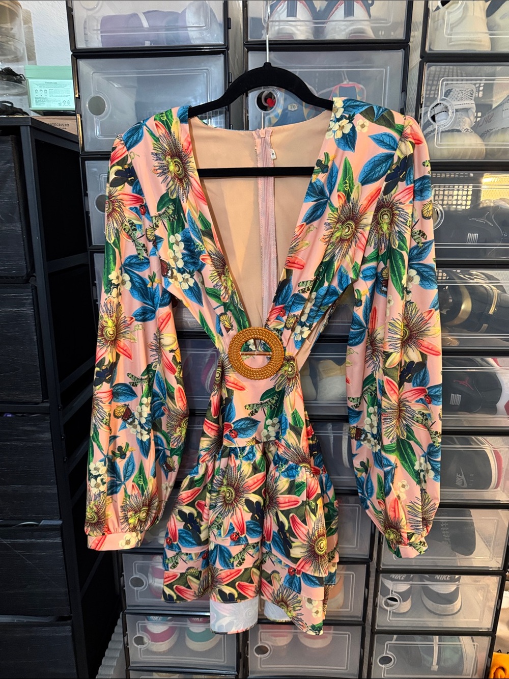 Pink Tropical Floral Deep-V mini dress with Woven Ring